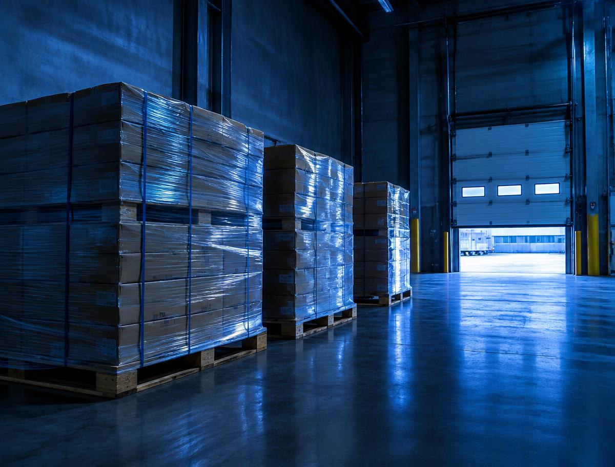 Illustrative shrink-wrapped pallets near a loading dock door